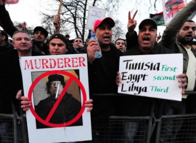 A strong contingent of Libyans gathered at Hyde Park Corner to demonstrate against their leader Gaddafi, demanding that he step down.