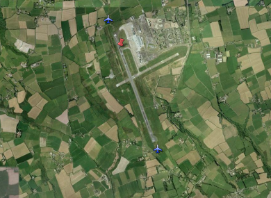 The three locations at Cork Airport where flight MN7100 tried to land, with the accident site marked in brown.