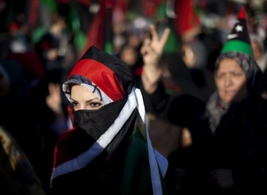 Women march during an anti-Gaddafi demonstration in central Benghazi, Libya, Saturday 14 May 2011.
