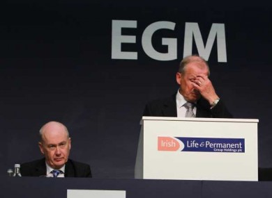 Irish Permanent chairman Alan Cook (right) and CEO Kevin Murphy pictured at last week's EGM, when shareholders voted to block the government's latest recapitalisation.