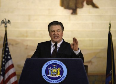 Alec Baldwin gestures while speaking before New York State Attorney General Eric Schneiderman takes the oath of office at a swearing-in ceremony at City College in New York in January.