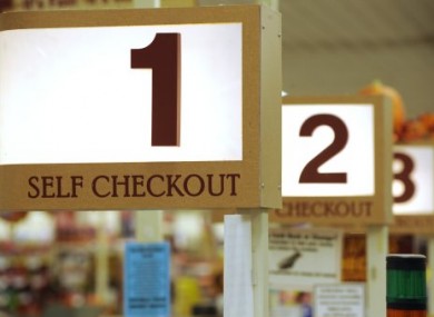 A row of self checkout lines are available at a Big Y supermarket in Manchester, Connecticut.
