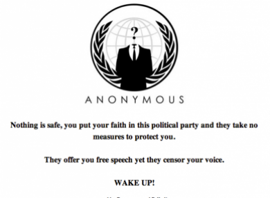 The message posted on the Fine Gael election site after it was hacked.