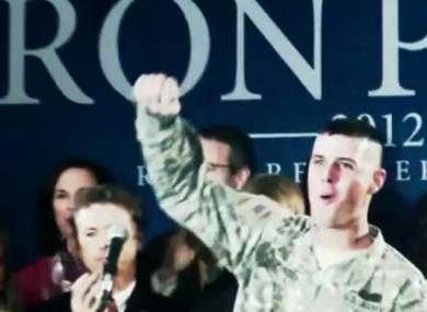 Cpl Jesse Thorsen on stage at the Ron Paul event in Iowa.