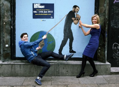 Claire Byrne and Royseven's Paul Walsh with specially comissioned street artwork launching the First Fortnight festival.