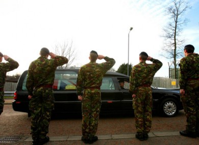 The coffins of Patrick Azimkar and Mark Quinsey leave the barracks days after their murder.