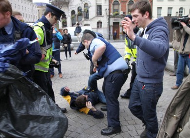 Gardaí and Occupy Dame Street supporters in Dublin today.