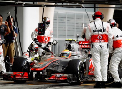 Lewis Hamilton drives in for a pitstop during the Bahrain Formula One GP.