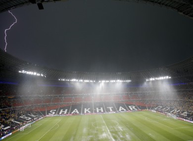 Lightning over the Shaktar stadium in Ukraine as the hosts' Euro 2012 clash with France is briefly suspended earlier this evening.