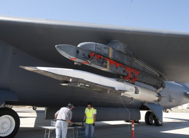The X-51A WaveRider aircraft is seen fixed to the wing of a B-52H Stratofortress before a test run last year.