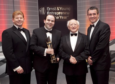 From left to right: Mike McKerr, Managing Partner at Ernst and Young, winner Edmond Harty, Irish President Michael D Higgins and Frank O'Keeffe, Parner in Charge of the programme.