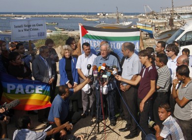 Noam Chomsky participates in a press conference held by the passengers of the 'Estelle' after their boat was intercepted by the Israeli navy.