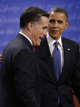 President Barack Obama, right and Republican presidential nominee Mitt Romney chat following the first presidential debate at the University of Denver. Observers called the debate for Romney, giving fresh hopes to his presidential campaign.