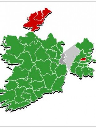 The two Donegal constituencies and Dublin North West, marked in red, were the three constituencies to reject the referendum proposal.