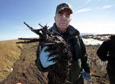 Louisiana Wildlife and Fisheries Secretary Robert Barham holds up a clump of oil and dead marsh grass from the Deepwater Horizon oil spill.