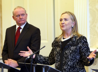 US Secretary of State Hillary Clinton with deputy First Minister Martin McGuinness during their press conference at Stormont Castle in Belfast today.