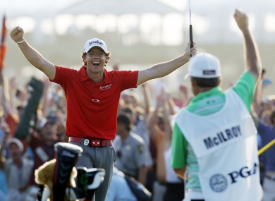 Rory McIlroy celebrates his US PGA win in August.