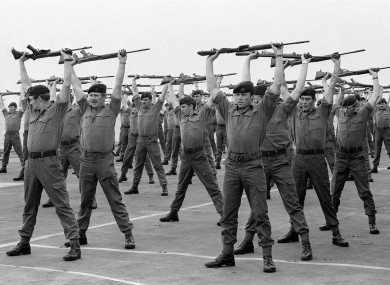 Members of A Company : 40 Royal Marine Commandos on the deck of the carrier HMS Hermes as she heads south for the Falkland Islands with the British naval task force.