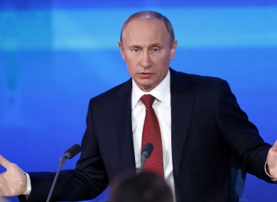 Russian President Vladimir Putin speaks during a news conference in Moscow, Russia