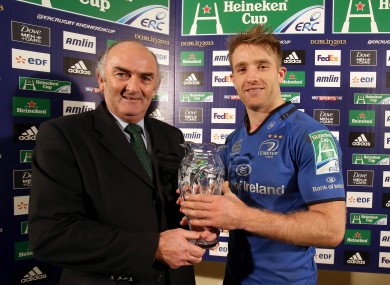 Leinster's Luke Fitzgerald receives the Heineken Man of the Match award from Pat Maher of Heineken.
