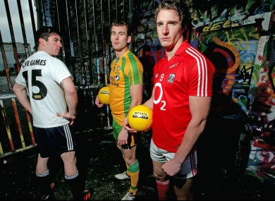 Dublin's Michael Darragh MacAuley, Donegal's Eamon McGee and Cork's Aidan Walsh at today's launch.