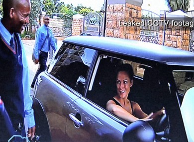 In this CCTV frame grab, Reeva Steenkamp entering the secured access to the Silverwoods housing estate.