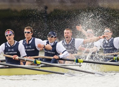 Oxford celebrate victory over Cambridge in the 159th Boat Race on the River Thames.