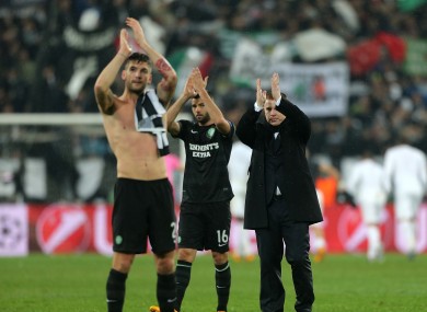 Celtic manager Neil Lennon (right) applauds the travelling fans after the final whistle.