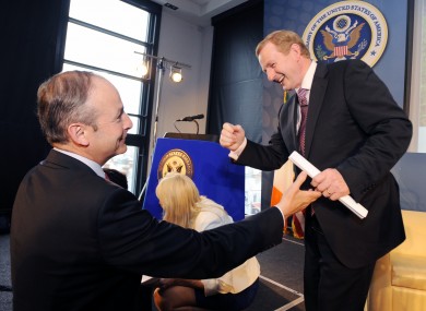 Enda Kenny and Micheal Martin share a joke at an event in Croke Park. There was no such cordiality today as Kenny condemned Fianna Fáil's economic record.