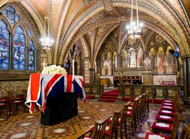 Margaret Thatcher's coffin rests in the Crypt Chapel of St Mary Undercroft beneath the Houses of Parliament in central London overnight.