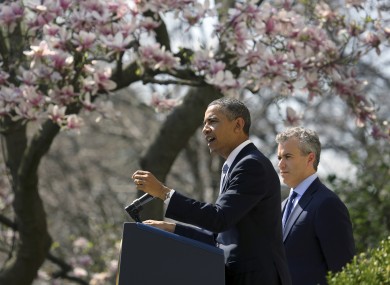 Obama with his budget director Jeffrey Zients in the White House Rose Garden today.