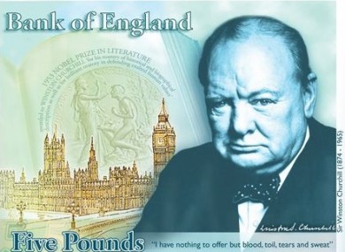 This computer generated image provided by the Bank of England Friday April 26, 2013, shows the concept design for the reverse of the new 5-pound note.
