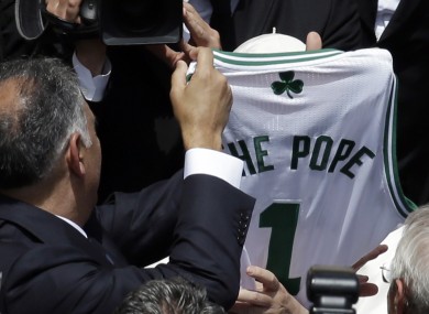 The Boston Celtics shirt presented to Pope Francis.