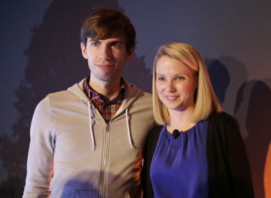 Tumblr boss David Karp and Yahoo CEO Marissa Mayer after the press conference to announce the acquisition