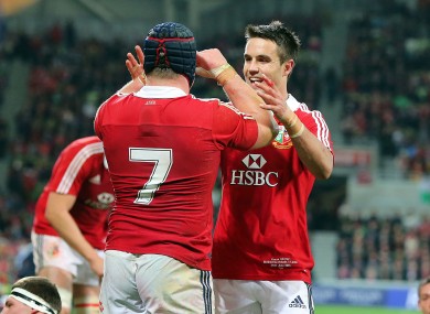 Conor Murray (r) celebrates with Sean O'Brien after the flanker's try.