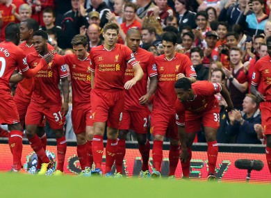 Liverpool's Raheem Sterling celebrates his goal during the Capital One Cup match at Anfield.