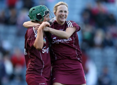 Therese Maher celebrates with Heather Cooney after winning her first All-Ireland title.