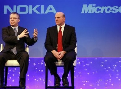 Stephen Elop CEO of Nokia, left, with CEO of Microsoft Steve Ballmer in 2011.