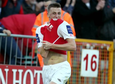 Anto Flood of Pat's celebrates scoring his side's second goal of the game.