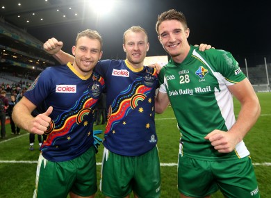 Ciaran Sheehan with Michael Shields and Aidan Walsh after their International Rules victory on Saturday.