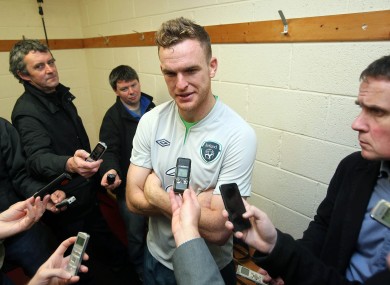 Alex Pearce talks to the press at Gannon Park this afternoon.