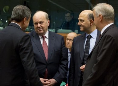 From left, ECB Governor Mario Draghi, Finance Minister Michael Noonan, French Finance Minister Pierre Moscovici and EU Commissioner Olli Rehn