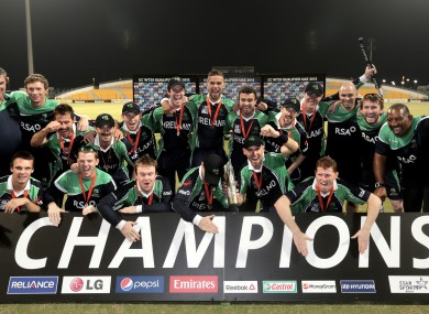 Ireland celebrate their second successive win at the World Twenty20 Qualifier tournament.