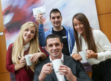 Pictured at the launch of the Union of Students in Ireland (USI) More Talk, More Action campaign was former rugby star and mental health advocate Alan Quinlan with NCI students Sarah McCabe, Greg O'Donoghue and Laura Groves.
