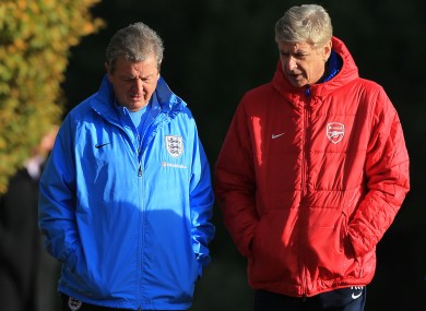 England Manager Roy Hodgson talks with Wenger at Colney this week.