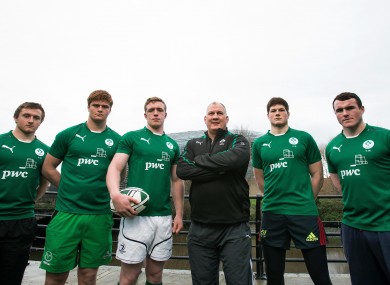 U20 squad members (from left) David Busby, Sean O’Brien, Captain Dan Leavy, Jack O’Donoghue and Peter Dooley with Mike Ruddock.