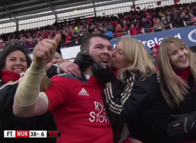 Peter O'Mahony gets a kiss on the cheek from an appreciative Munster fan.