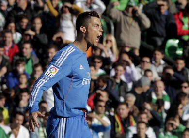Real Madrid's Cristiano Ronaldo reacts after scoring against Betis.