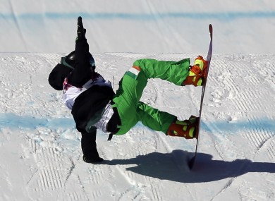 Ireland's Seamus O'Connor crashes during the men's snowboard slopestyle qualifying at the Rosa Khutor Extreme Park.