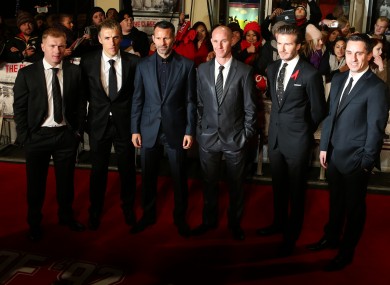 Paul Scholes, Phil Neville, Ryan Giggs, Nicky Butt, David Beckham and Gary Neville.